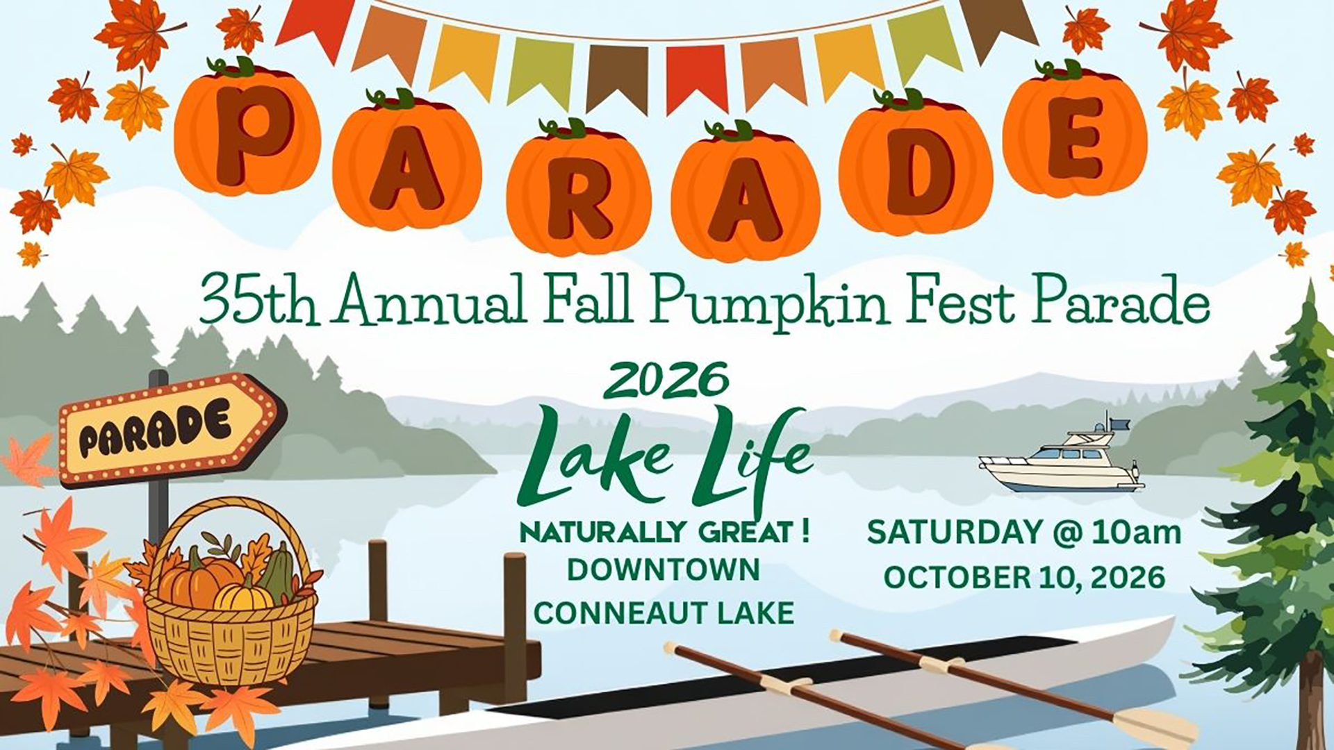 lake and pumpkins for the 35th Annual Pumpkin Fest parade with a Lke life theme